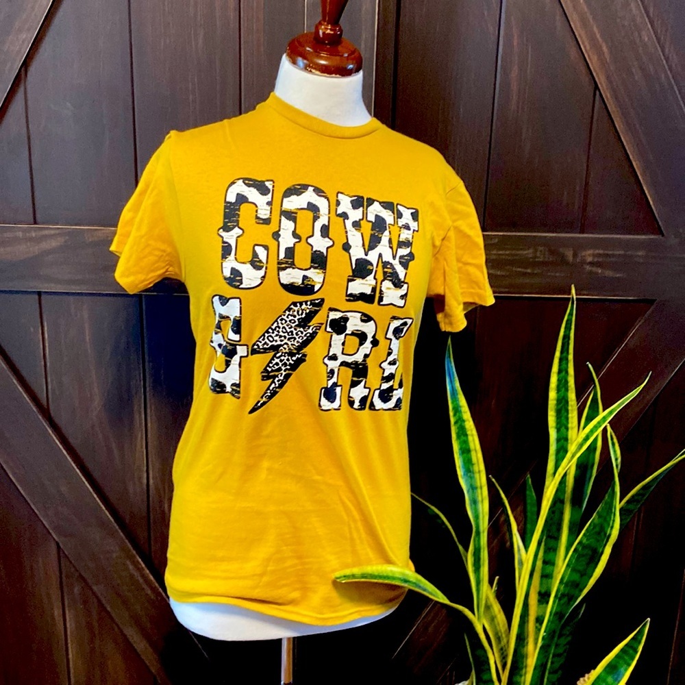 Delta Pro Weight Small Mustard Yellow T-shirt with Cow Girl in Cow Print